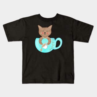 Cute little cat with coffee cup Kids T-Shirt